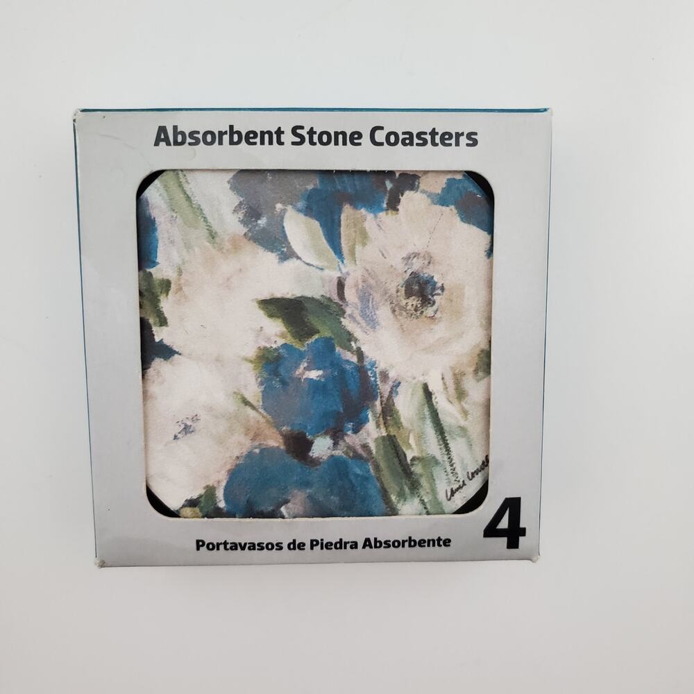 Set Of 4 Floral Art Coasters Conimar Blue Field Absorbent Stone Watercolor NEW
